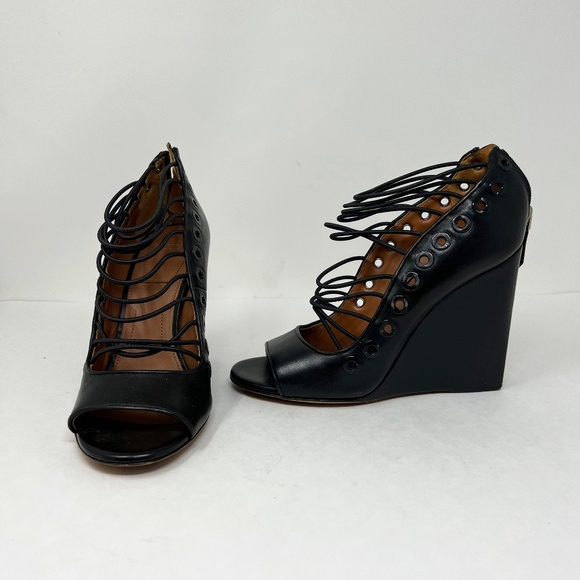 Givenchy Shoes - Givenchy Ria Genuine Leather Strappy Lace Up Black Wedges High Heels Shoes 7